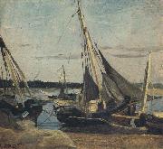 camille corot Trouville Fishing Boats Stranded in the Channel (mk40) china oil painting reproduction